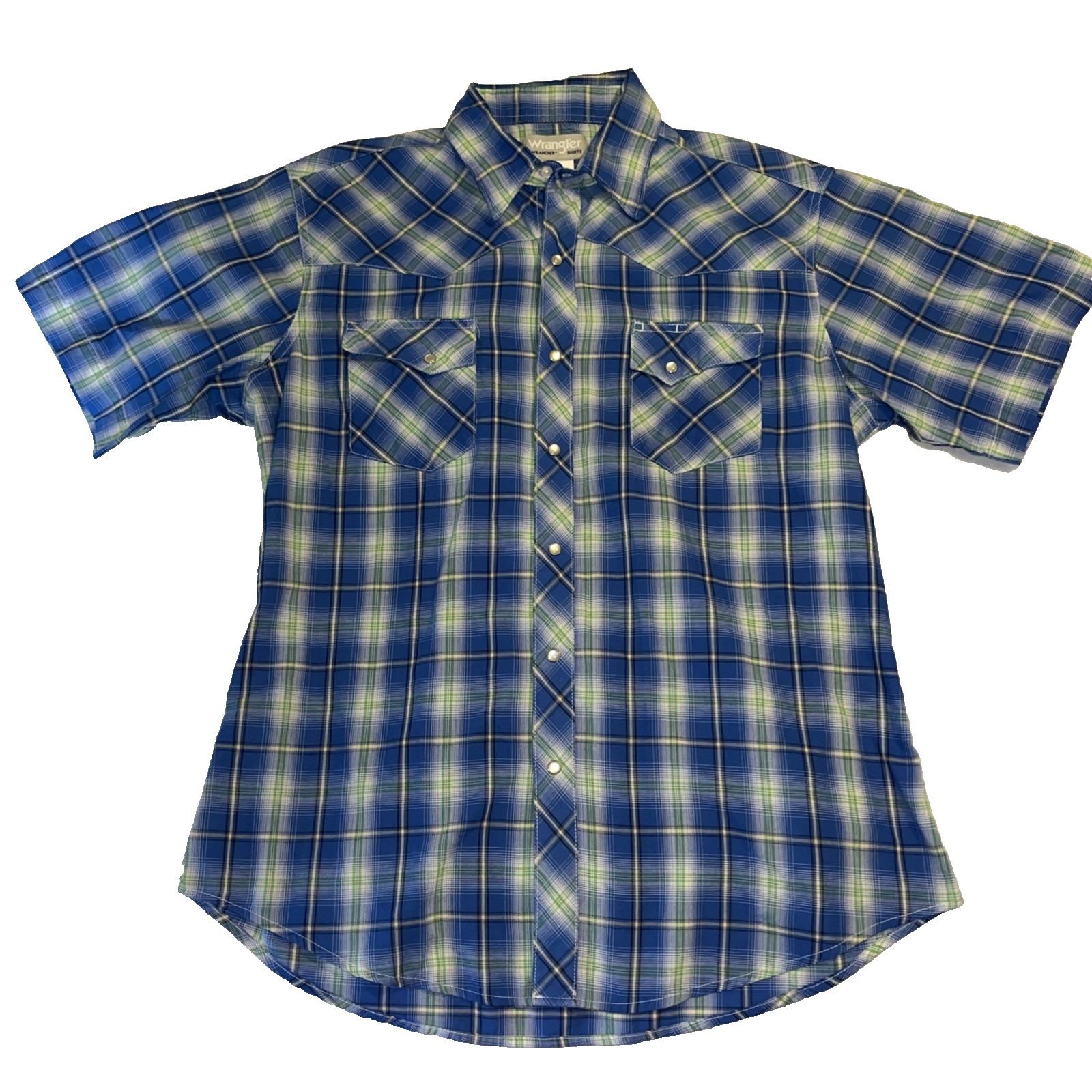 Wrangler Wrancher Western Pearl Snap Short Sleeve Shirt Top Blue Plaid Large